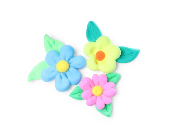 Colorful Flowers Leaves Made Play Dough White Background Top View — Foto Stock