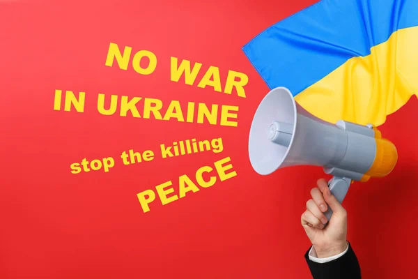 Stop War Ukraine Woman Megaphone Ukrainian National Flag Inscriptions Red — Foto Stock