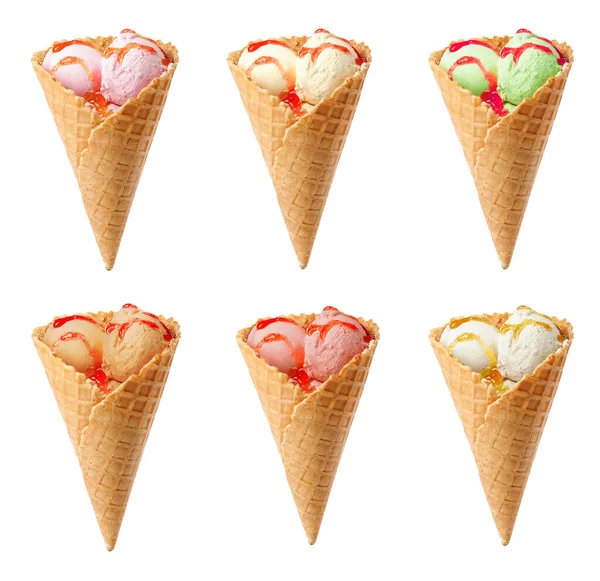 Set Different Tasty Ice Creams Wafer Cones White Background — Photo