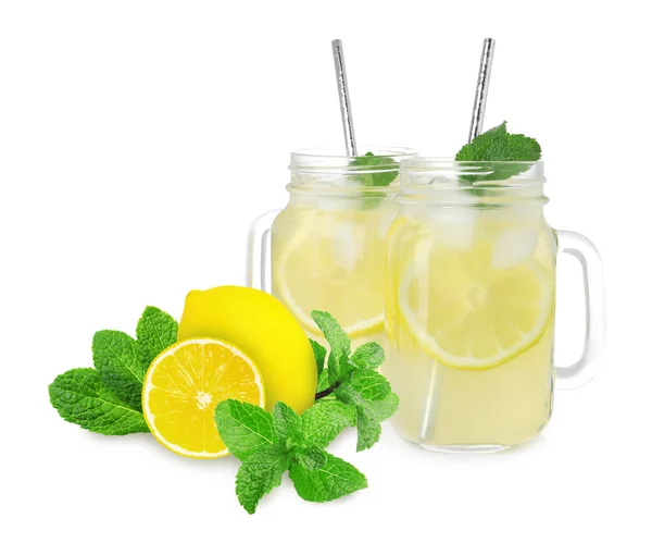 Mason Jars Tasty Lemonade Fresh Ripe Fruits Mint White Background — ストック写真