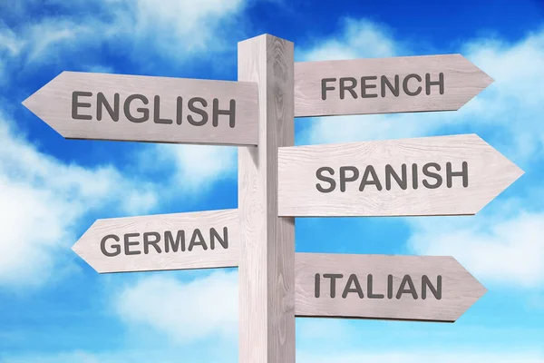 Placa Madeira Com Nomes Diferentes Idiomas Contra Céu Azul — Fotografia de Stock
