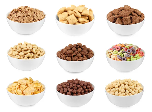 Set Con Diferentes Sabrosos Cereales Desayuno Sobre Fondo Blanco —  Fotos de Stock