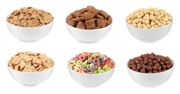 Set Con Diversi Cereali Gustosi Colazione Sfondo Bianco — Foto Stock