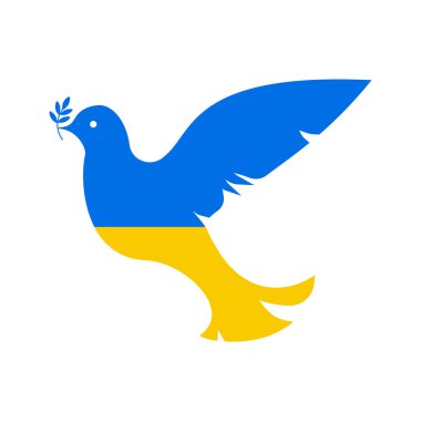 Beyaz arka planda Ukrayna ulusal bayrağı renklerinde dallı güvercin, illüstrasyon