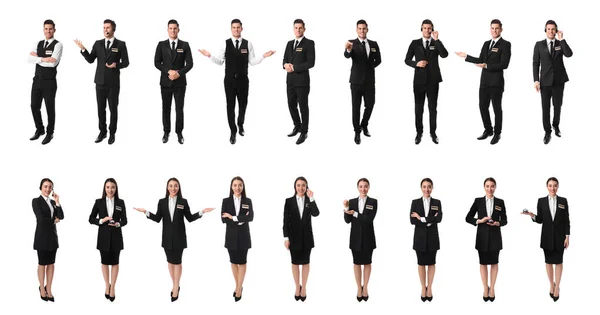 Collage Photos Receptionists White Background Banner Design — Stock Photo, Image