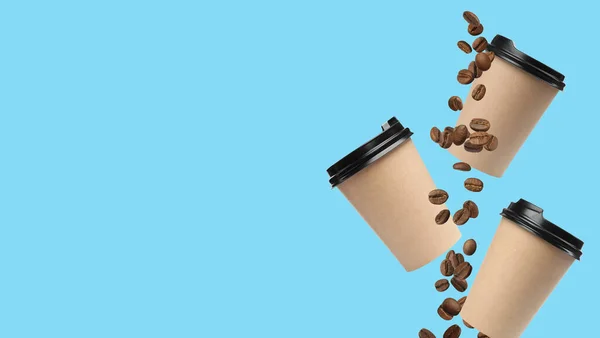 Coffee Banner Design Paper Cups Roasted Beans Flying Light Blue — 스톡 사진
