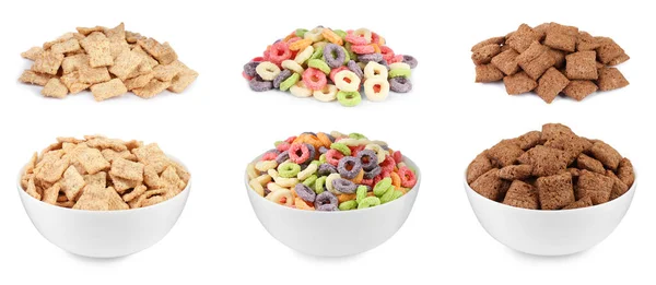 Set Different Tasty Breakfast Cereals White Background Banner Design — Stock Photo, Image