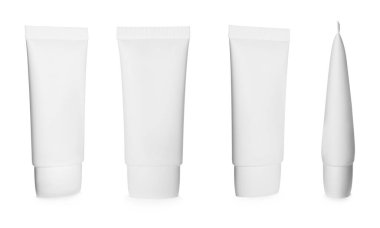 Beyaz arka planda boş kozmetik ürünler ile ayarlanmış. Tasarım için model