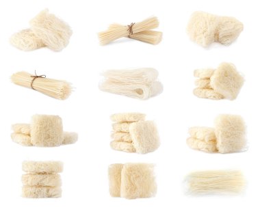 Beyaz arka planda kurutulmuş pirinç eriştesi.