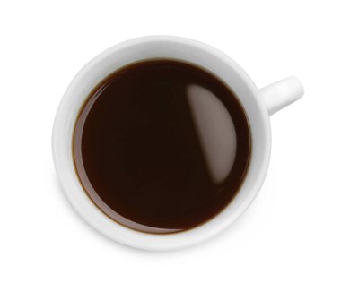 Bardakta taze aromatik kahve, beyaz, üst görüş izole.