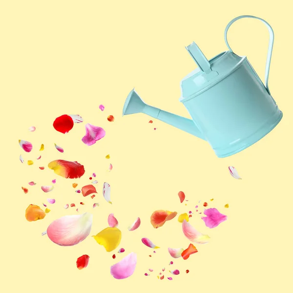 Spring Coming Turquoise Watering Can Beautiful Flower Petals Beige Background — Stock Photo, Image