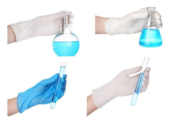 Collage Photos Scientists Holding Different Laboratory Glassware Light Blue Samples — Photo
