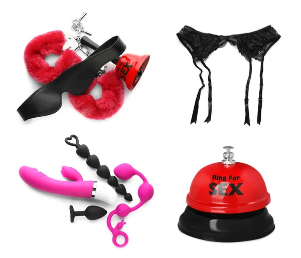 Conjunto Diferentes Brinquedos Sexuais Acessórios Fundo Branco — Fotografia de Stock