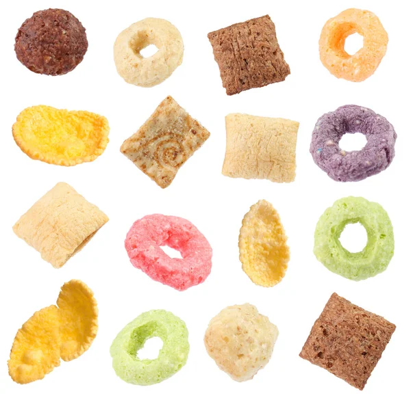 Set Con Diferentes Sabrosos Cereales Desayuno Sobre Fondo Blanco — Foto de Stock