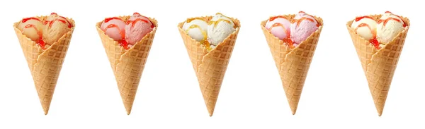 Set Different Tasty Ice Creams Wafer Cones White Background Banner — Stock Fotó