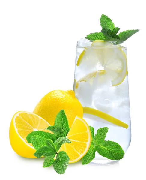 Glass Tasty Lemonade Fresh Ripe Fruits Mint White Background — ストック写真