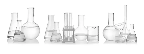 Set Different Laboratory Glassware White Background Banner Design — Stock Photo, Image