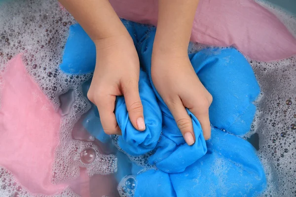 Woman Washing Blue Garment Suds Closeup — Foto de Stock