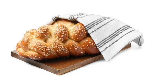 Homemade Braided Bread Sesame Seeds Napkin Isolated White Traditional Shabbat —  Fotos de Stock