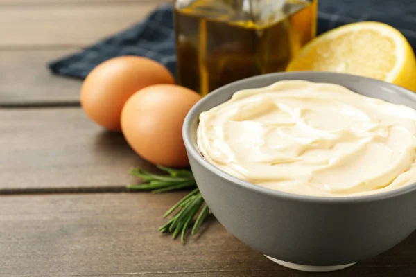 Bowl Fresh Mayonnaise Ingredients Wooden Table Closeup Space Text — Stock Photo, Image