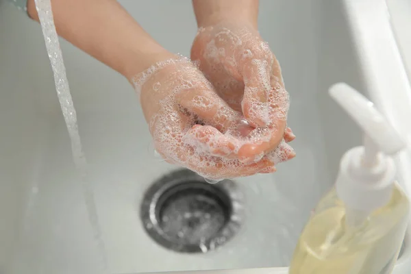 Woman Washing Hands Liquid Soap Closeup —  Fotos de Stock