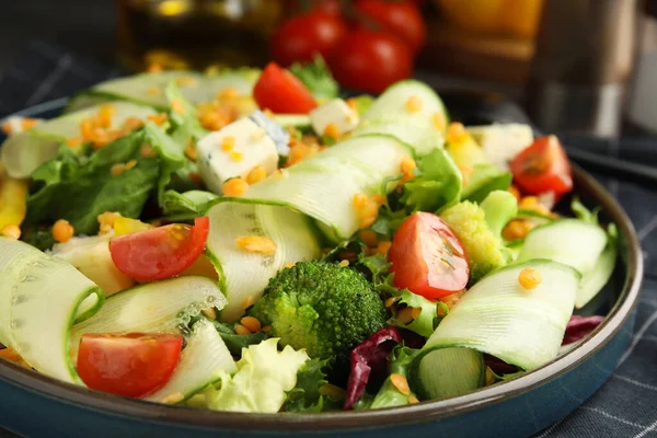 Delicious Salad Lentils Vegetables Cheese Table Closeup — Fotografia de Stock