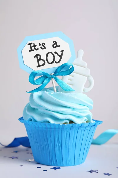 Cupcake Ducha Bebé Bellamente Decorado Para Niño Con Crema Tope — Foto de Stock