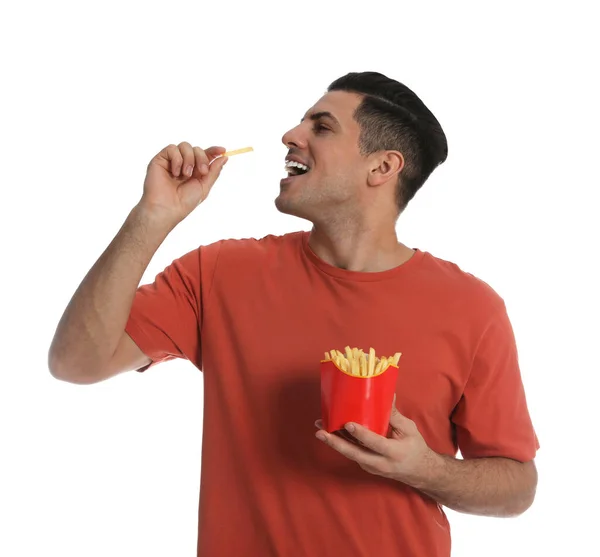 Homme Mangeant Des Frites Sur Fond Blanc — Photo