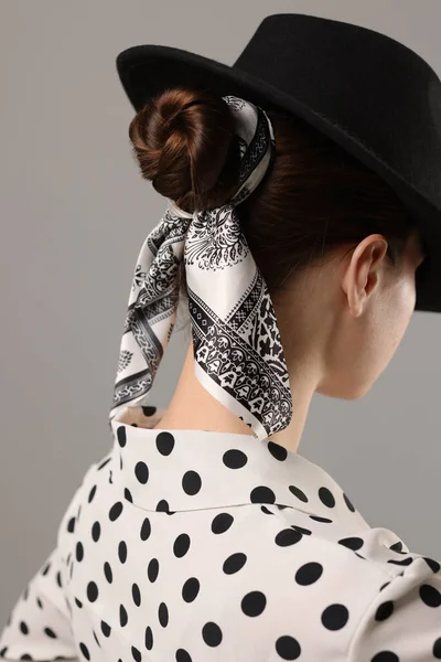 Woman Black Hat Stylish Bandana Light Grey Background —  Fotos de Stock