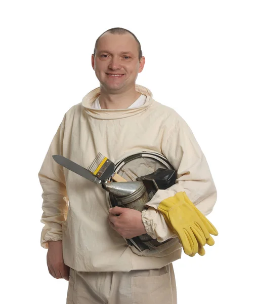 Beekeeper Uniform Tools White Background — стоковое фото