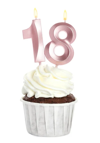 Delicious Cupcake Number Shaped Candles White Background Coming Age Party — Stock Photo, Image