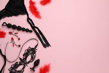 Pembe arka planda seks oyuncakları ve aksesuarlar. Metin için boşluk