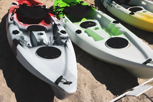Many Colorful Kayaks Sand Closeup View — Stock Photo, Image