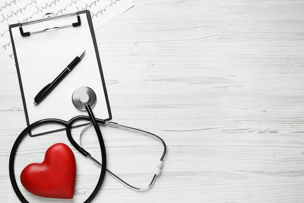 Flat Lay Composition Stethoscope Red Heart White Wooden Table Space — Stock Photo, Image