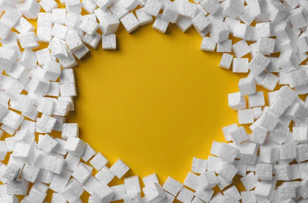 Frame Made Styrofoam Cubes Yellow Background Flat Lay Space Text — Fotografia de Stock