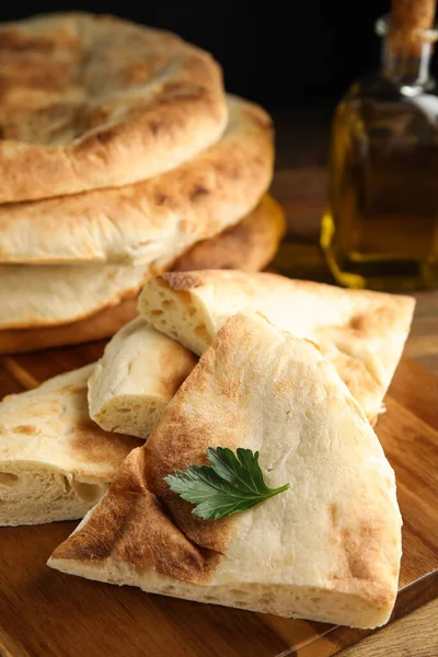 Cut Fresh Pita Bread Wooden Table Closeup — Stock Photo, Image