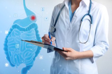 Gastroenterolog elinde bir pano ve bağırsağın görsel görüntüsünü tutuyor.