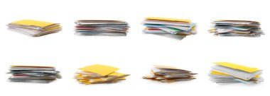 Beyaz arkaplanda belgeleri olan farklı dosyalar. Pankart tasarımı