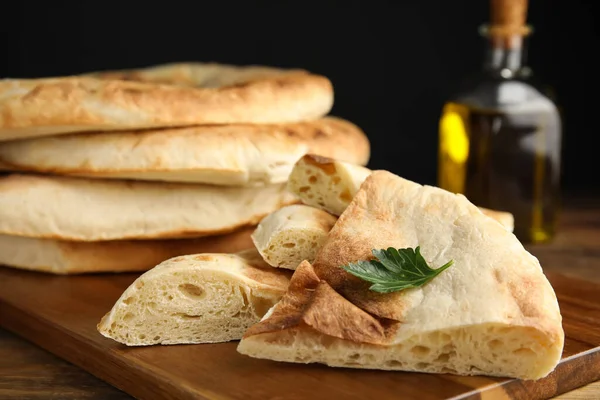 Cut Fresh Pita Bread Wooden Table Closeup — Stock Photo, Image