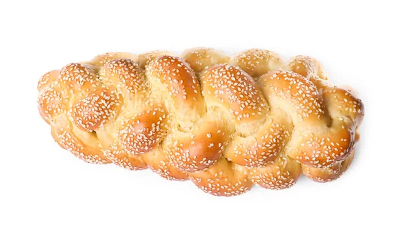Homemade Braided Bread Sesame Seeds Isolated White Top View Traditional — Stock Photo, Image
