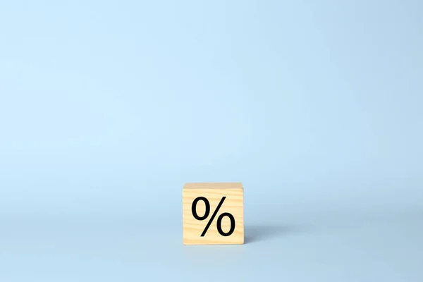 Wooden Cube Percent Symbol Light Blue Background Space Text — Stock Photo, Image