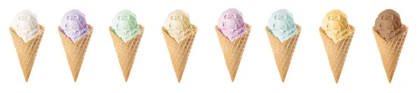 Set Different Tasty Ice Creams Wafer Cones White Background Banner — Photo