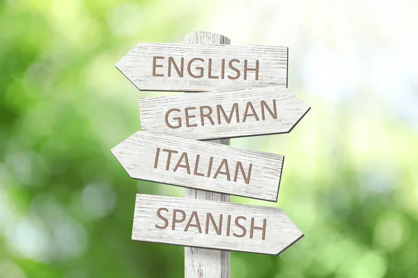 Wooden Signpost Names Different Languages Outdoors — Stock Photo, Image