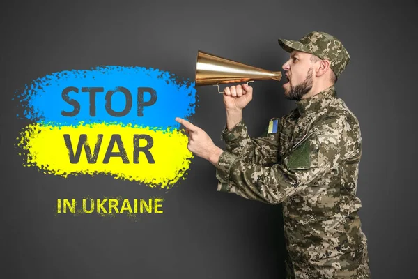 Stop War Ukraine Military Man Megaphone Grey Background — Stock Fotó