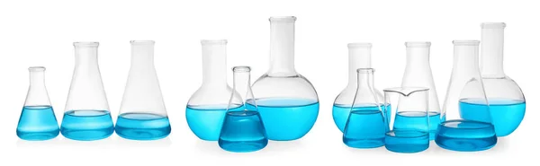 Different Laboratory Glassware Light Blue Samples White Background Collage Banner — 스톡 사진