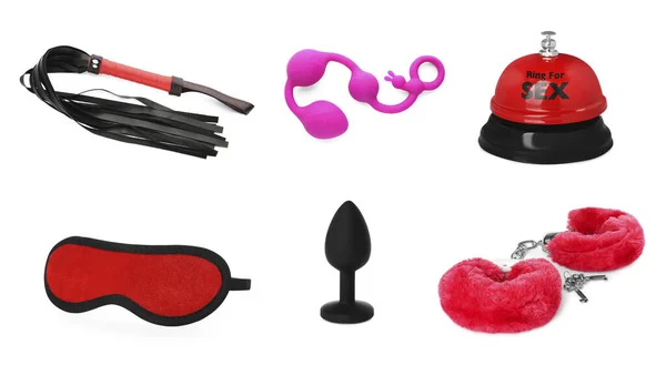 Conjunto Diferentes Brinquedos Sexuais Acessórios Fundo Branco Design Banner — Fotografia de Stock