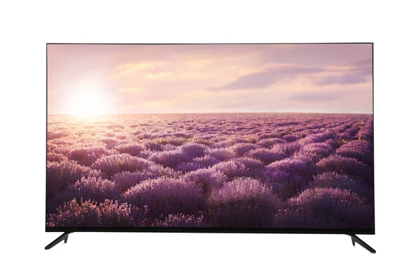 Modern Wide Screen Monitor Showing Beautiful Lavender Field Sunrise Isolated — Stockfoto