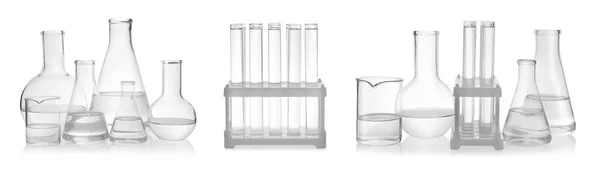 Set Different Laboratory Glassware White Background Banner Design — Photo