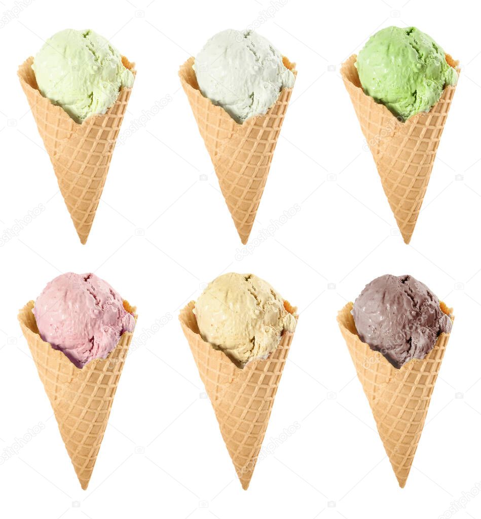 Set with different tasty ice creams in wafer cones on white background