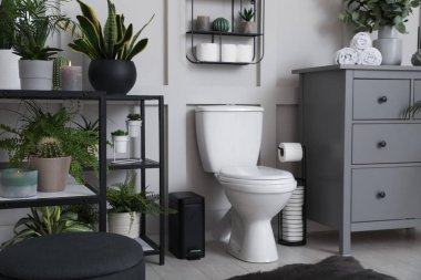 Havalı bir banyo. İçinde klozet ve güzel bitkiler var.